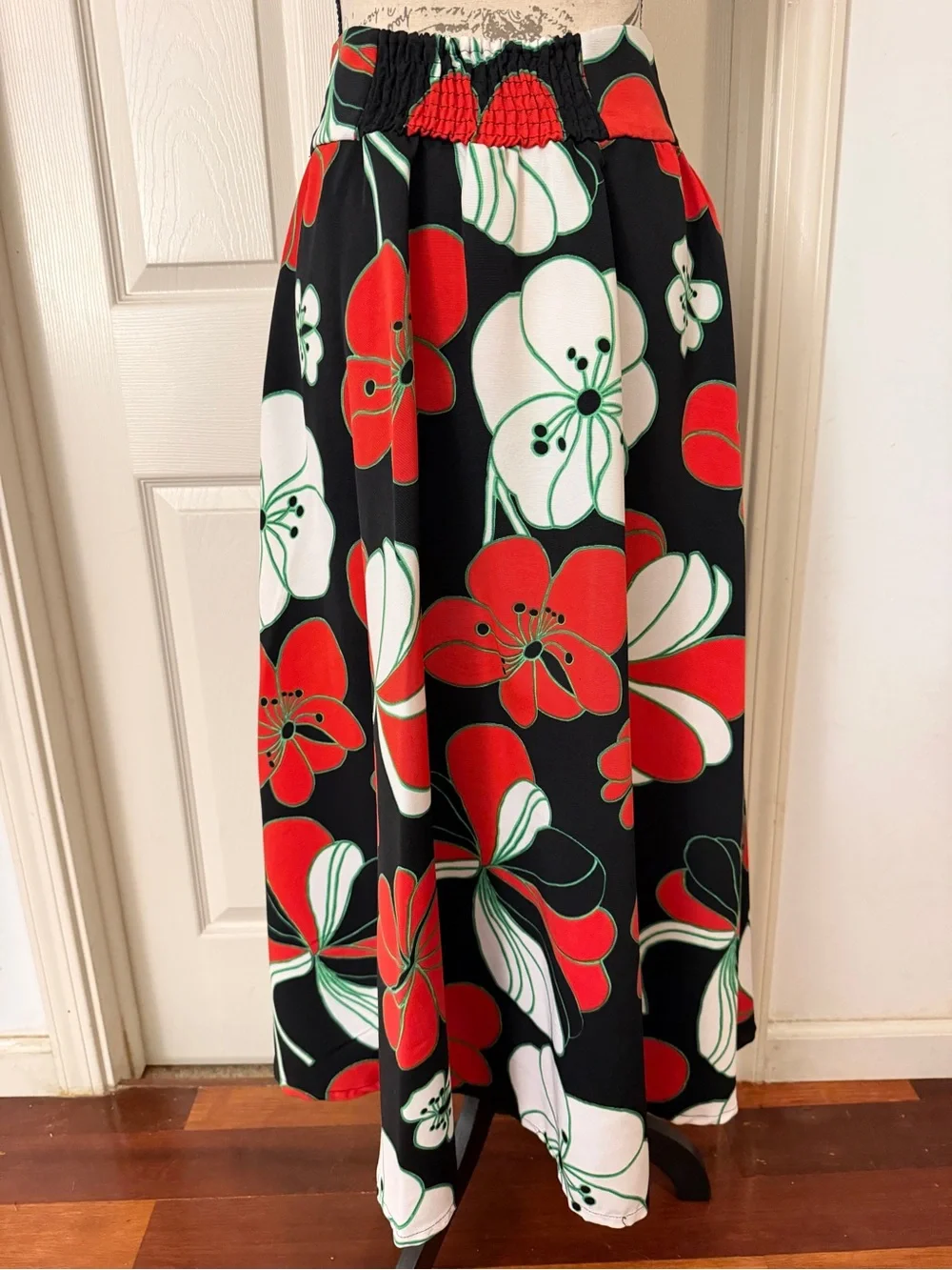 Anthropologie Black Midi Skirt with Red and White Floral Print